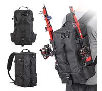soonbuy Fishing Backpack, 2 Fishing Rod Holders Fishing Tackle Backpack Without 4 Tackle Boxes, 17.4L Large Storage Fishing Gear Bag for Trout Fishing Outdoor Camping Hiking black