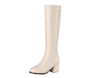 SoonerQuicker Horse Riding Boots Women Knee High Leather Heels Block Heel Winter Warm Side Zip Knee Lengt Beige