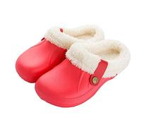 SoonerQuicker Womens Slippers Mens Garden Clogs Waterproof Furry Wide Fit Slippers Home Warm Indoor Outdoor Mules Gardening Shoes(3.5/4 UK, A Red)
