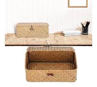 SOONHUA Storage Basket With Lid Natural Seagrass Desktop Basket Rectangular Bathroom Storage Organiser Woven Vintage Art Organizer Box Shelf Bins