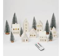 SOONOW 23 Pcs Christmas Village Set - 7 White Ceramic Houses with Remote LED Tea Lights and 8 Snow Trees, Farmhouse Christmas Decorations Indoor for Tabletop Fireplace Mantel Shelf Decor