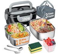 SOOOEC Electric Heated Lunch Box 100W - 3-in-1 Fast Heating Lunch Boxes Portable for Adults, 12V/24V/220V with 2 Pack Containers (Single & Compartment) for Car Truck Office (3 Times Faster)