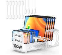 SooPii 100W 10-Port USB Charging Station, 6 USB-C and 4 USB-A Ports, PD Fast Charging Compatible with lPhone,lPad,Galaxy, and other Electronics, 10 Mixed Charging Cables Included, (White)