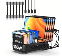SooPii 100W 10-Port USB Charging Station, 6 USB-C and 4 USB-A Ports, PD fast charging Compatible with lPhone,lPad,Galaxy, and other electronics, 10 Mixed Charging Cables Included(Black)