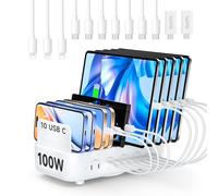 SooPii 100W USB-C Charging Station,10-Port PD Fast Charger for Multiple Devices,10pcs Mixed Short Cables Included,Charging Organizer for phones,tablets and other electronics(White)