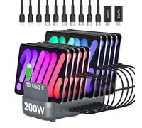 SooPii 200W USB-C Charging Station,10-Port PD Fast Charger with 20W Max Per Port,3-Pin Grounded Safety,10 Mixed Short Cables Included,Charging Organizer for Phones,Tablets and other Electronics(Grey)