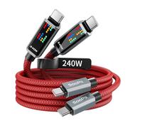 SooPii 240W USB C PD Charger Cable, Super Fast Charging Speed with 3 Chase Effects LED Display, 6.6FT 2Pack USB C to USB C Charging Cord for iPhone 16/16 ProMax/15, MacBook,iPad, Galaxy S24 Ultra, Red