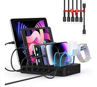 SooPii 6-Port USB Charging Station for Multiple Devices, PD 20W USB C Fast Charging for lPhone 14/13/12,6 Short Cables Included, 2 in 1 Holder,for Phones,Tablets and Others