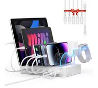 SooPii 60W/12A 6-Port Charging Station for Multiple Devices, PD 20W USB C Fast Charging for lPhone 14/13/12,2 in 1 Holder, 6 Short Cables Included for Phones,Tablets and Others