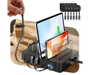 SooPii HomeHub H1 Charging Station for multiple devices,Upgraded 6-Port Desktop Fast Charger with 6 Retractable Cables（4*C+2*iP）,60W PD charger station for iPhone/Tablet,Tangle-Free Charging Organizer