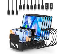 SooPii USB Charging Station with 10 Cables,100W Fast Charging Station for Multiple Devices,10-Port USB C Phone Charger Station Organizer for lPad,Tablet,Kindle and More(Black)