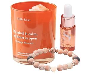 Soothing Anti-Anxiety Aromatherapy Charm Bracelet with Crystal Healing & Scented Candle Set - Women's Relaxation, Stress Relief, Wellness Pamper Hamper Gift for Mum, Best Friend, Sister