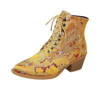 SOOUICKER Cowboy Boots for Women Pointed Toe Embroidery Boots Ankle Boots with Block Heels Wide Calf Design Retro Ethnic Style