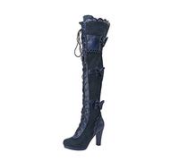 SOOUICKER Ladies Thigh High Over The Knee Boots Women Chunky High Heel Steampunk Gothic Victorian Style Lace Up Boots (Blue, 6 UK)