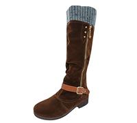 SOOUICKER Mid Calf Boots Women Wide Fit Sweater Knitted Cuff Flat Lace Up Calf Length Boots Side Zip Buckles Round Toe Ladies Retro Casual Winter Boots For Ladies