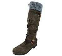 SOOUICKER Mid Calf Boots Women Wide Fit Sweater Knitted Cuff Flat Lace Up Calf Length Boots Side Zip Buckles Round Toe Ladies Retro Casual Winter Boots For Ladies