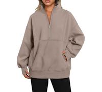 SOOUICKER Oversized Half Zip Sweatshirt Women Plain Casual Loose Fit Long Sleeve Tops Pullover Sweatshirts with Pockets Khaki