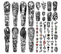 SOOVSY 46 Sheets Full Arm Temporary Tattoo for Men with Lion Deer Eagle Flame Totem Boat Flower, Half Arm Temporary Tattoo for Women with Wolf Lion Flame Totem Daisy, Fake Tattoos for Men or Women