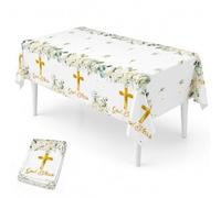 SOOZR First Holy Communion Decorations Tablecloth God Bless Cross Design | Gold Cross Design, God Bless Print, Floral Leaf Border, 130 x 220 cm Size, Communion Party Decor