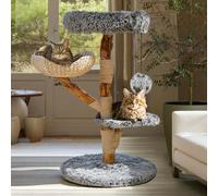 Sopapets Solid Wood Cat Tree for Large Cat, 41.3" Modern Cat Tower with Heavy Duty Real Branch & Hand-Woven Basket, Sisal Scratching Posts & Cozy Bed, Luxury Furniture for Indoor & Maine Coon, Gray