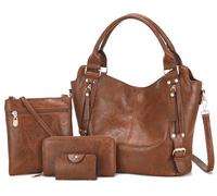 Soperwillton Purses for Women Large Shoulder Handbag Tote PU Leather Hobo Crossbody Bag Ladies Wallet Set 4pcs, Khaki, L