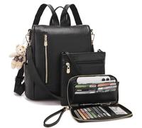 Soperwillton Women Fashion Backpack Purse Anti-Theft Leather Shoulder Bag Travel Multi Pockets Handbag Wallet Set 3pcs, Black, L, Daypack Backpacks