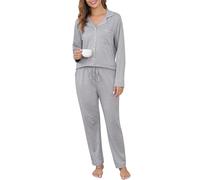 Sopesil Pyjamas for Women Long Sets Ladies PJs Button Up Long Sleeve Soft Sleepwear Simple Loungewear Comfy with Pockets, Grey, XL