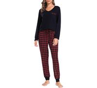 Sopesil Women Pyjama Sets Soft 2 Pieces Ladies Pyjamas Long Tops and Plaid Pants Pj's Set Loungewear with Drawstring Pockets A-Red,XXL