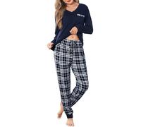 Sopesil Women Pyjama Sets Soft 2 Pieces Ladies Pyjamas Long Tops and Plaid Pants Pj's Set Loungewear with Drawstring Pockets A-Blue,XXL