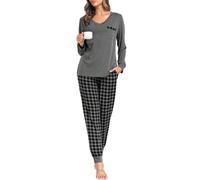 Sopesil Women Pyjama Sets Soft 2 Pieces Ladies Pyjamas Long Tops and Plaid Pants Pj's Set Loungewear with Drawstring Pockets A-Grey,XXL