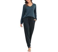 Sopesil Women Pyjama Sets Soft 2 Pieces Ladies Pyjamas Long Tops and Plaid Pants Pj's Set Loungewear with Drawstring Pockets A-Dark Green,XXL