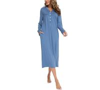 Sopesil Women's Long Nightdresses V Neck Soft Button Down Sleep Dress Ladies Classic Nightgowns Sleepwear with Pockets A-Cobalt Blue,L