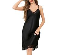 Sopesil Women's Negligees Satin Nightdress Spaghetti Strap Ladies Lace Nighties Chemise Slip V Neck Sleepwear Nightgown, Black, M