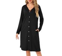Sopesil Women's Nightdress Long Sleeve Ladies Nighties for Women V Neck Soft Button Down Classic Nightgowns for Women Sleepwear Nightwear, Black, XXL
