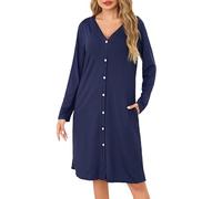 Sopesil Women's Nightdress Long Sleeve Ladies Nighties for Women V Neck Soft Button Down Classic Nightgowns for Women Sleepwear Nightwear, Navy blue, XXL