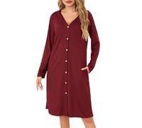Sopesil Women's Nightdress Long Sleeve Ladies Nighties for Women V Neck Soft Button Down Classic Nightgowns for Women Sleepwear Nightwear, Wine red, XXL