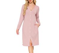 Sopesil Women's Nightdress Long Sleeve Ladies Nighties for Women V Neck Soft Button Down Classic Nightgowns for Women Sleepwear Nightwear, Flesh pink, M