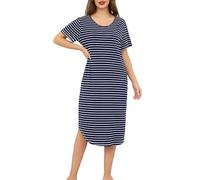 Sopesil Women's Nightdress Striped Nighties for women Short Sleeve U Neck Soft Classic Nightshirt Lounge Nightgowns Sleepwear Chemise, Navy blue, XXL