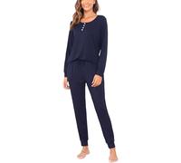 Sopesil Women's Pyjama Sets Soft Ladies Warm Pjs Sets U-Neck Sleepwear Long Sleeve Tops and Pants Loungewear with Pockets A_Navy Blue,XL
