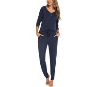 Sopesil Women's Pyjama Sets Soft Ladies Warm Pjs Sets V-Neck Sleepwear Long Sleeve Tops and Pants Loungewear with Pockets B_Navy Blue,XL