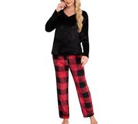 Sopesil Womens Pyjamas Fleece Ladies Pjs Set Fluffy Warm Pyjamas Winter Long Sleeve 2 Piece Nightwear Soft Loungewear Sleepwear Cozy with Pockets, Black, XL
