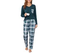 Sopesil Women's Pyjamas Plaid Sets Ladies PJs Long Sleeve Soft 2 Pieces Sleepwear Cosy Loungewear Nightwear with Pockets, Dark green, XXL
