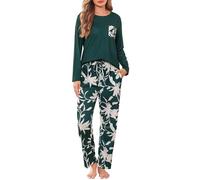 Sopesil Women's Pyjamas Printed Sets Ladies PJs Long Sleeve Soft 2 Pieces Sleepwear Cosy Loungewear Nightwear with Pockets, Dark green, XXL