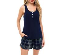 Sopesil Womens Pyjamas Sets Plaid Ladies Sleeveless Pyjamas Shorts Modal Summer Checked Pjs Sets for Womens With Pockets Sleepwear Soft Lounge Wear, Dark blue, XXL