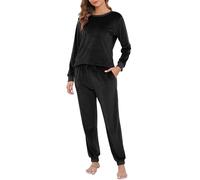Sopesil Womens Pyjamas Velour Ladies PJs Set Warm Fluffy Pyjamas for Women Winter Long Sleeve 2 Piece Nightwear Fleece Soft Loungewear Sleepwear Cosy with Pockets, Black, L