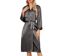 Sopesil Women's Satin Dressing Gowns Long Ladies Kimono Morning Robes Bridal Soft Wedding Party Sleepwear V-Neck,Dark grey, S