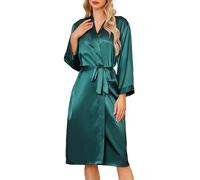 Sopesil Women's Satin Dressing Gowns Long Ladies Kimono Morning Robes Bridal Soft Wedding Party Sleepwear V-Neck,Dark green, S