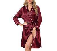 Sopesil Women's Satin Dressing Gowns Short Ladies Kimono Lightweight Morning Robes Bridal Soft Wedding Party Sleepwear V-Neck, Wine red,L