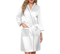 Sopesil Women's Satin Dressing Gowns Short Ladies Kimono Lightweight Morning Robes Bridal Soft Wedding Party Sleepwear V-Neck, White,M