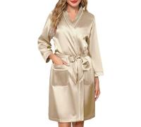Sopesil Women's Satin Dressing Gowns Short Ladies Kimono Lightweight Morning Robes Bridal Soft Wedding Party Sleepwear V-Neck, Champagne,S